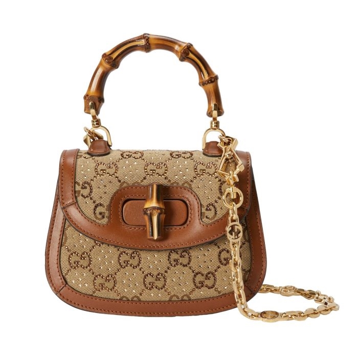 Gucci Bamboo 1947 Crystals Mini bag front view in white with bamboo handle
