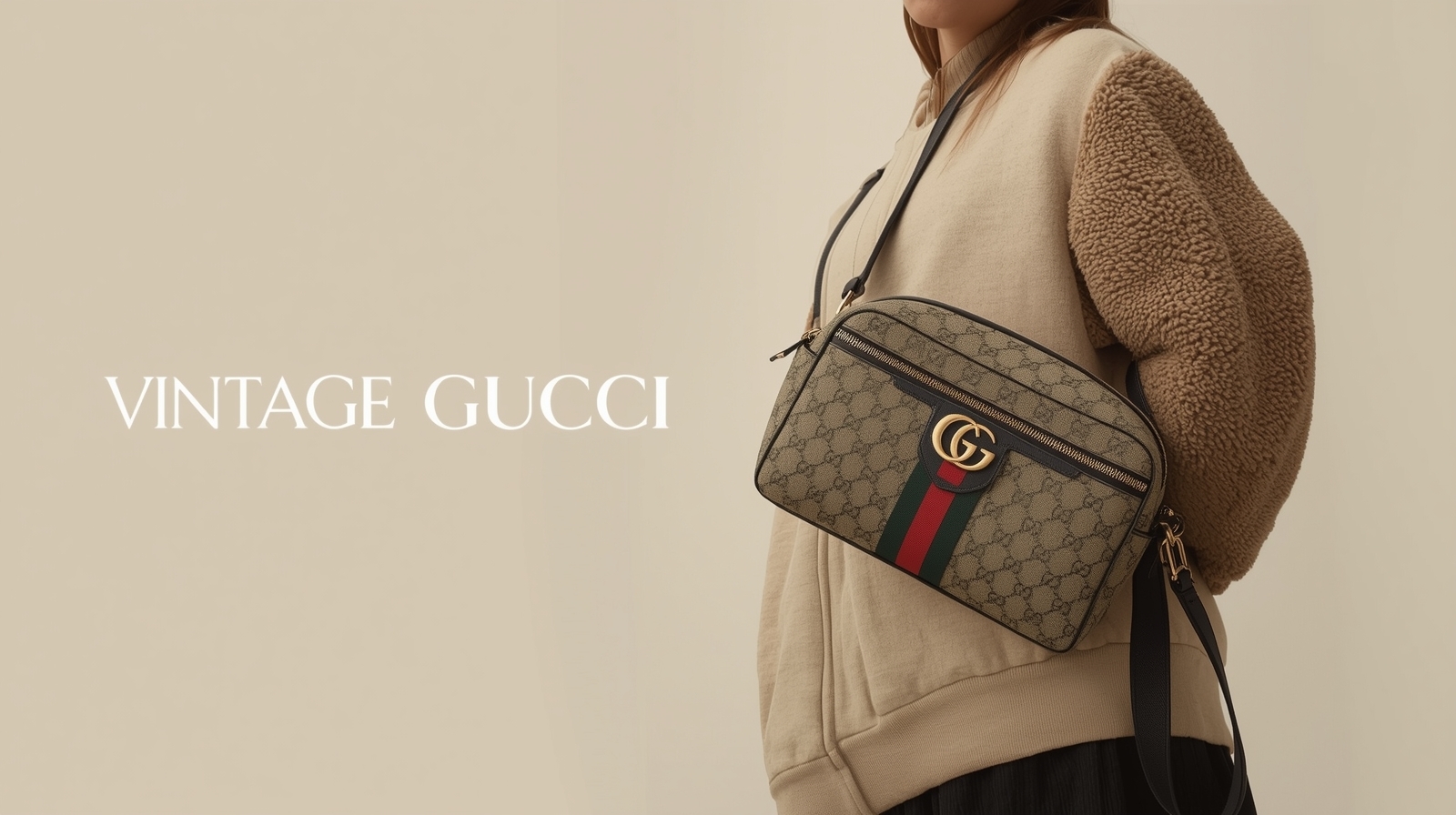 Editorial still-life of vintage Gucci handbag against a neutral backdrop